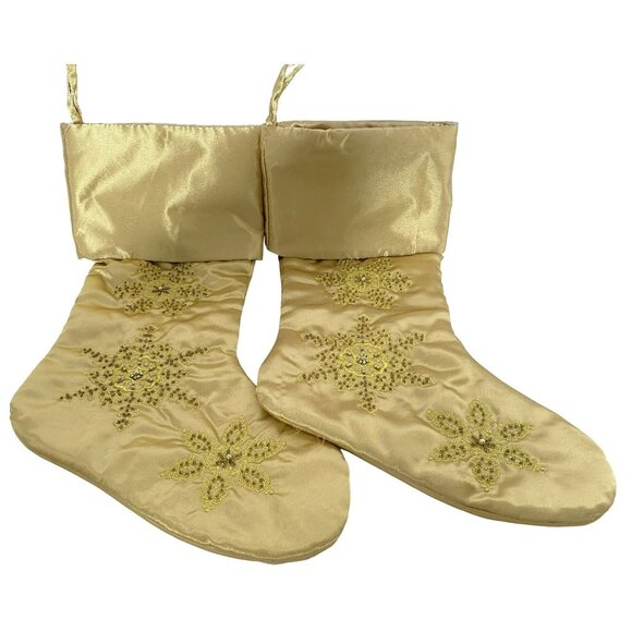 Christmas Holiday Stocking Gold Beaded Satin 2 Lot Snowflakes Elegant Lined NEW - Picture 4 of 5